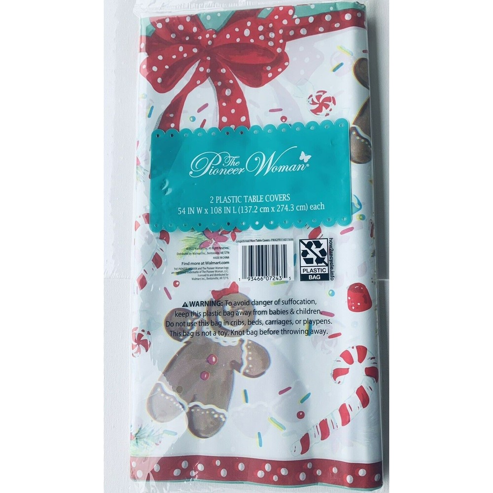 2 The Pioneer Woman Gingerbread Man Plastic Table Covers 54x108 Red Polka Teal - Picture 12 of 14